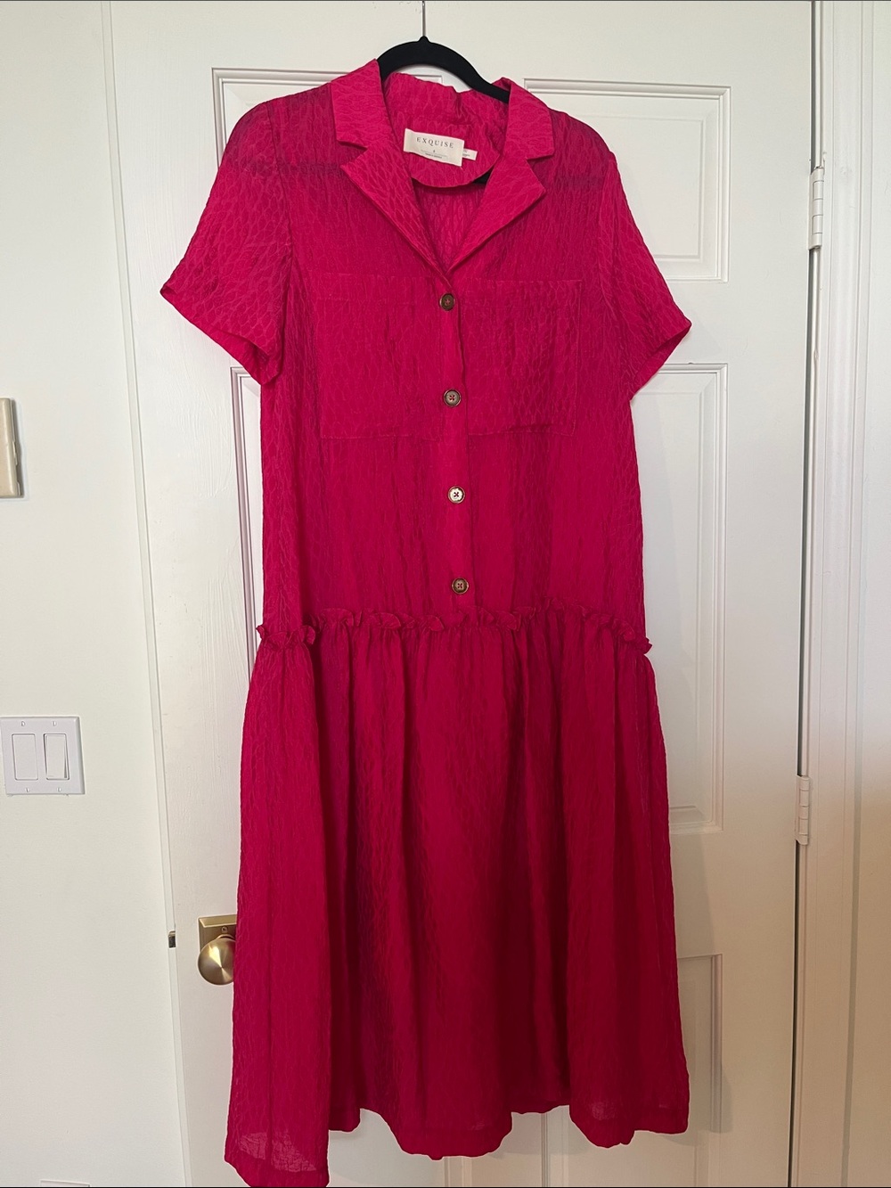 Exquise Fuchsia / Pink Button-Front Midi Shirt Dress with Belt